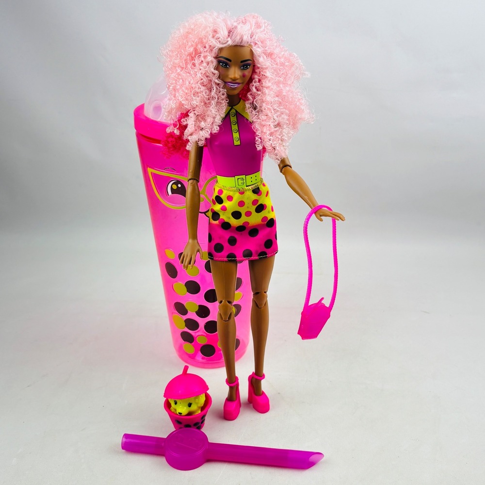 Barbie Pop Reveal Boba Tea Berry Bliss Doll Pink Curly Hair Accessories Open